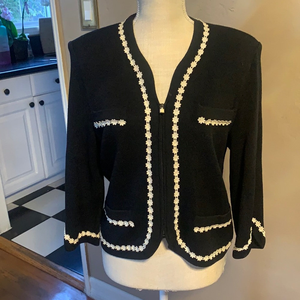 St.John Black knit jacket with white trim